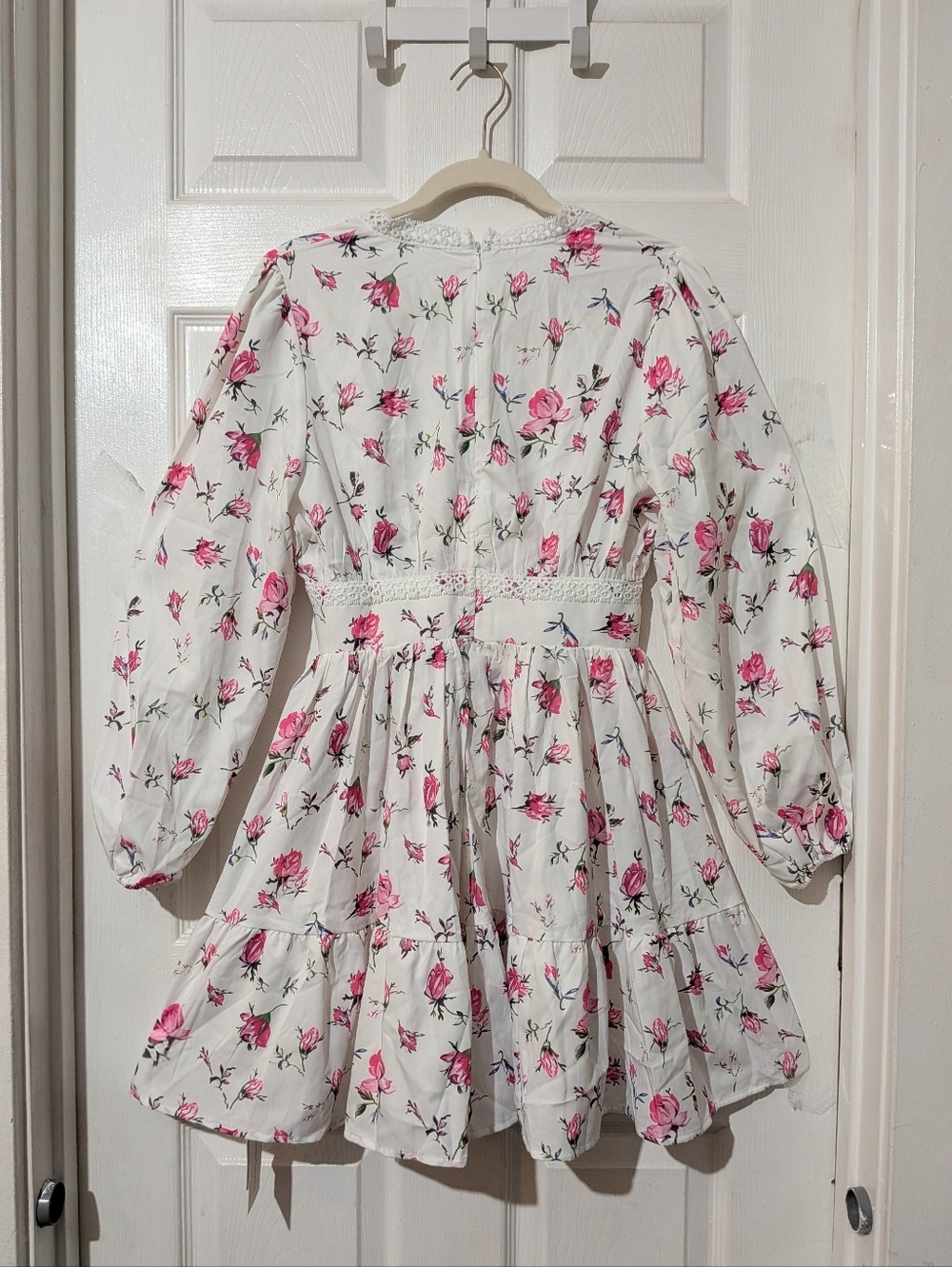 Commense Long Puff Sleeve V Neck Floral Print Short Mini Dress - Picture 6 of 13